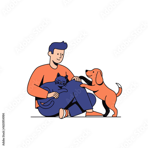 Man sitting with a cat on his lap, a dog standing beside him.
