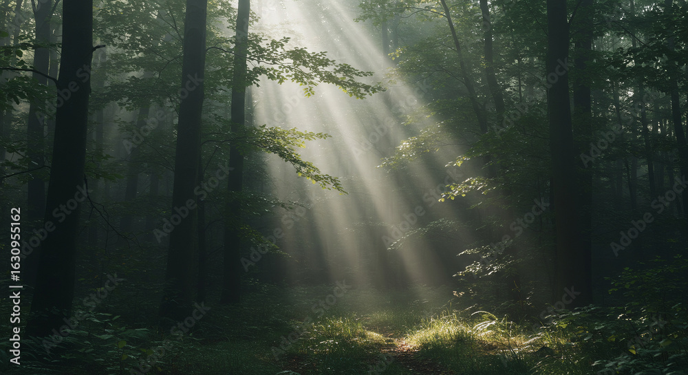 Obraz premium Dense green forest with sun rays breaking through mist