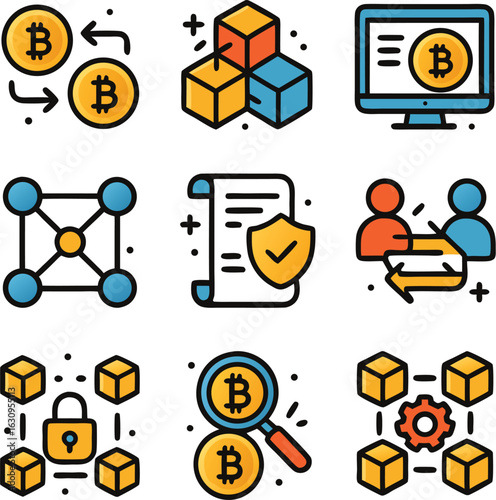 Blockchain Network Diagram Vector with Nodes, Data Blocks, and Decentralized Structure
