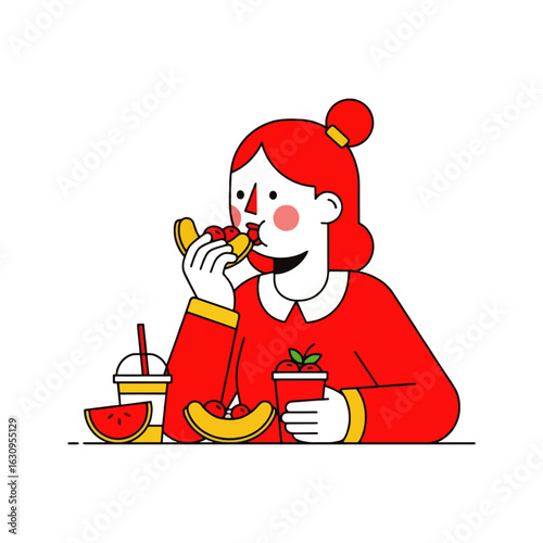 A young woman enjoys a refreshing fruit snack and beverage.
