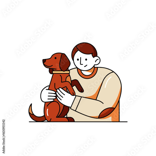 A man is hugging a brown dog that is standing on its hind legs. The man is smiling and wearing a sweater.
