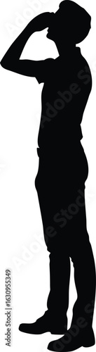 Silhouette of a Man Drinking from a Bottle, Standing Male in Side View on White Background