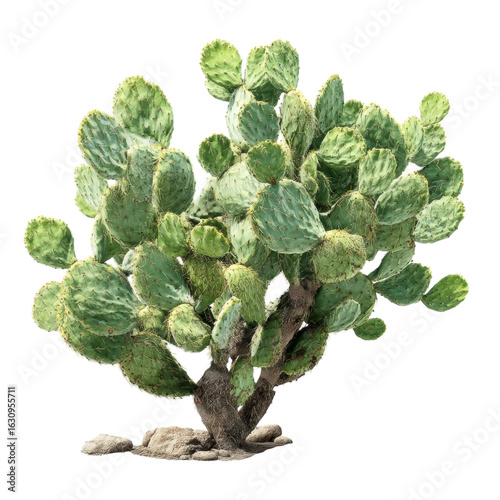 Green Opuntia Cactus with Thick Pads and Sturdy Base on White Background