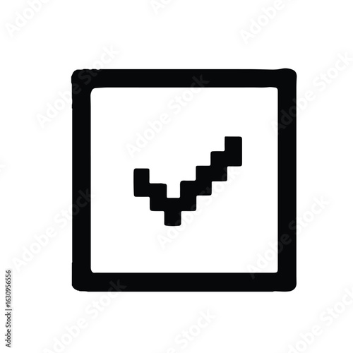 Pixelated checkmark inside a hand-drawn checkbox. A graphic icon symbolizing task completion, approval, and digital validation.
