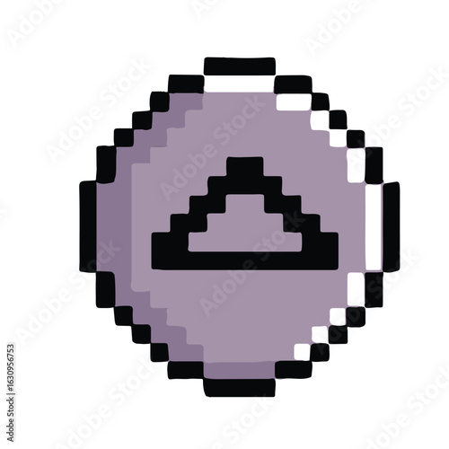 Pixel art game icon with an upward arrow in a retro 8-bit style. Illustration of a token or badge for a level up or upgrade concept.