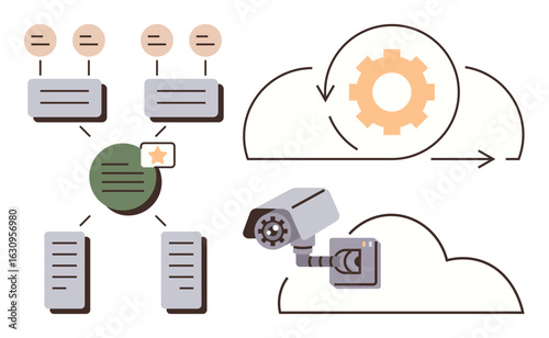 Cloud processing gear, security camera, hierarchical data structure. Ideal for data storage, cybersecurity, cloud computing, automation, surveillance technology innovation. Simple flat metaphor