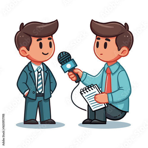 Man Interviewing Person With Microphone at Studio White Background