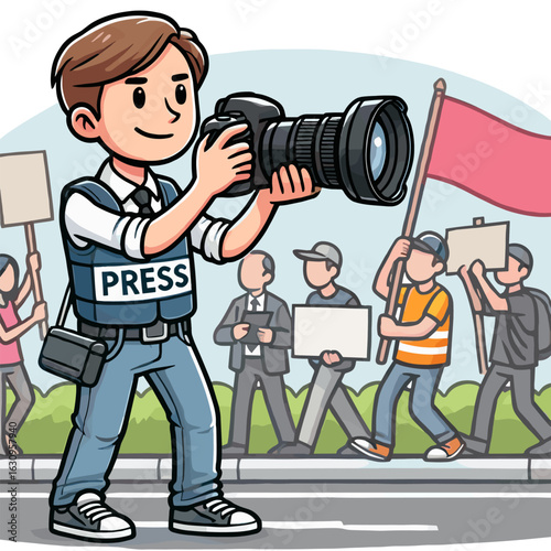 Cartoon Photographer Takes Photo During Street Protest with People