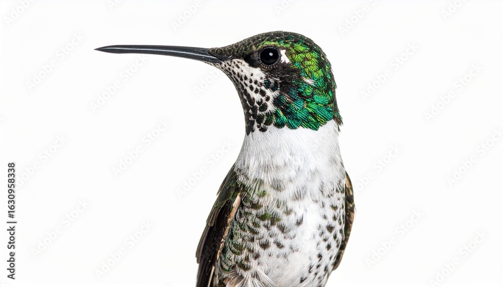Fototapeta premium A close-up of a male Lucifer hummingbird with green feathers on its head and a long, curved beak against a white background.