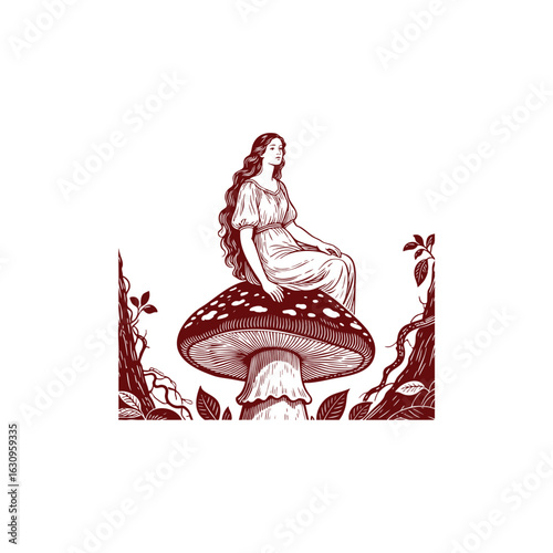 A graceful woman sits elegantly atop a giant mushroom, illustrated in detailed black and white engraving style