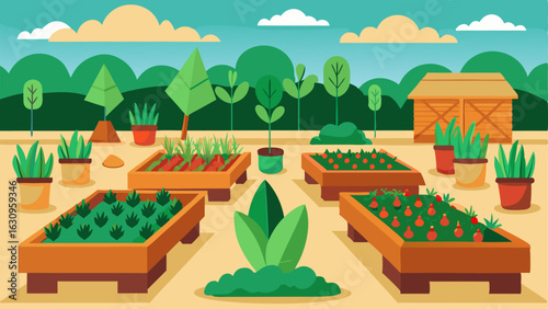 A green flourishing vegetable garden with raised beds compost bins and educational displays on sustainable gardening practices.