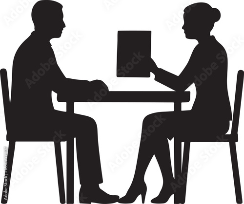 Two people in silhouette sitting at a table discussing a document silhouette