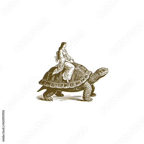 Intricate black and white engraving illustration of an elegant woman riding a giant turtle