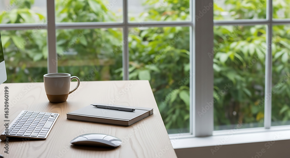 Obraz premium Ai generated image of a desk with a notebook, pen, mouse, and mug near a window with greenery