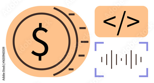 Dollar coin highlights value, coding tag suggests development, and audio wave represents innovation in fintech. Ideal for business, technology, finance, innovation, digital economy, app design