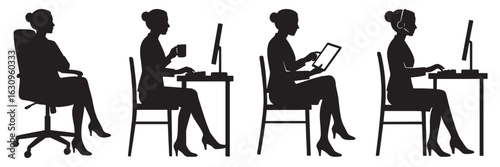 Four women in silhouette working at desks and with technology