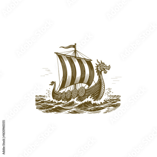 Detailed black and white engraving of a Viking ship sailing through open waters