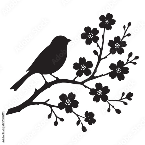 Black silhouette of a bird perched on a blooming cherry blossom branch