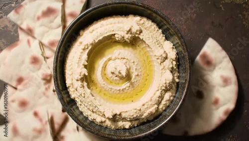 Delicious hummus recipe easy homemade hummus dip with olive oil and bowl tasty food appetizer stop-motion video 4k