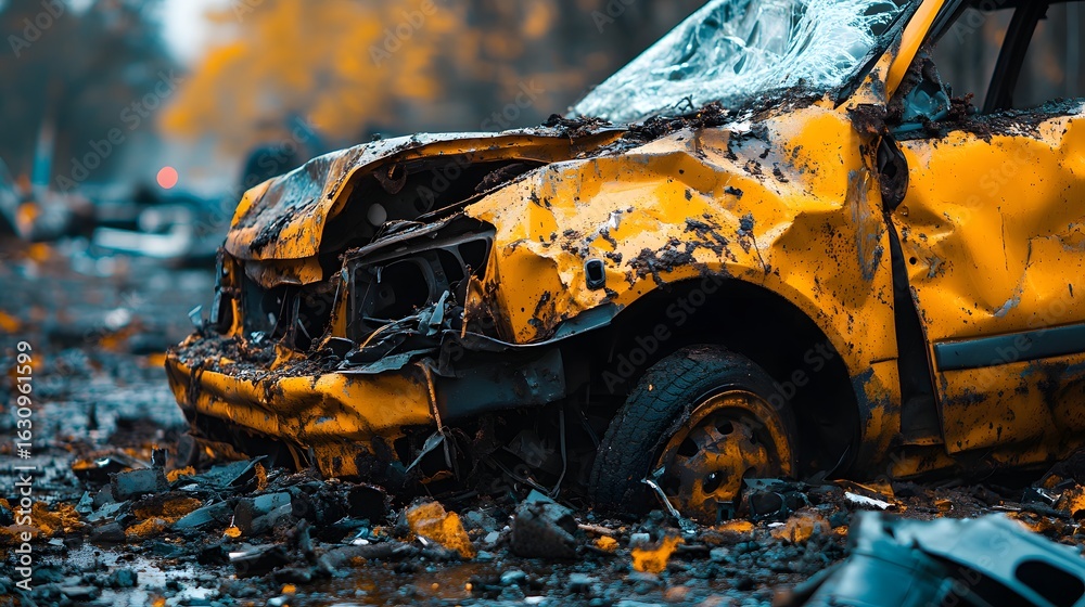 Obraz premium Devastating car accident. Severely damaged yellow vehicle after a crash, showcasing destruction and crumpled metal. Disaster Background perfect for illustrative purposes. Safety concept.
