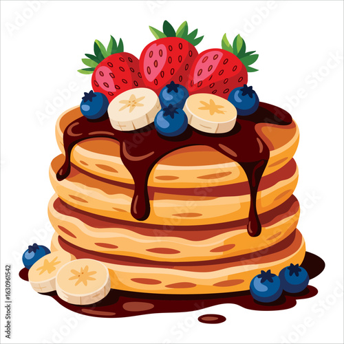 Delicious pancakes in cartoon style with banana slices and honey, vector illustration for breakfast food designs, sweet meals, and morning snacks