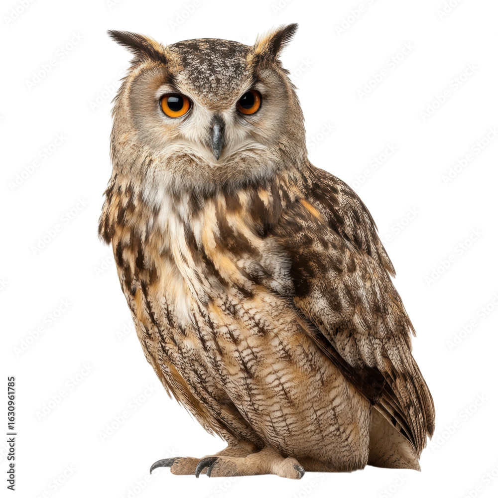 Fototapeta premium Majestic Owl with Striking Eyes Perched Against White Background