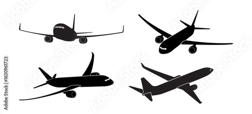 Airplane black illustration set vector. Commercial airplane silhouette in different position. 