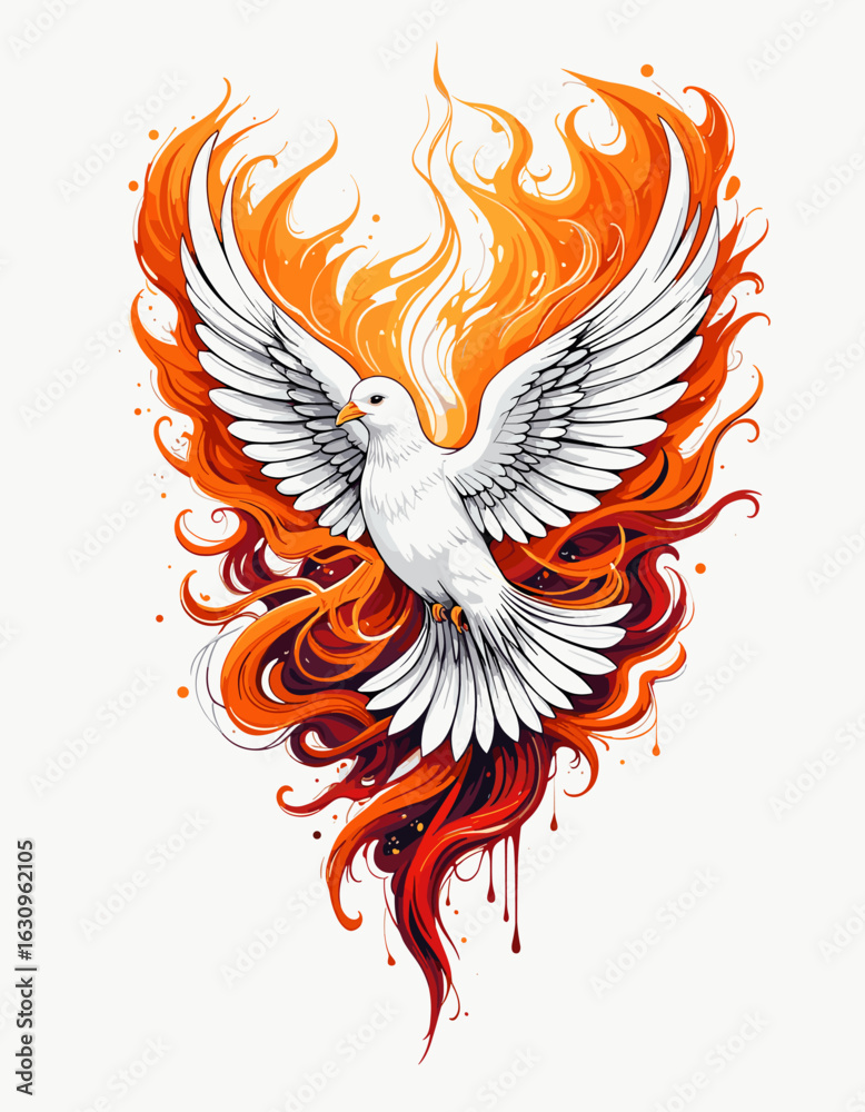 Obraz premium White dove reborn from vibrant fiery flames