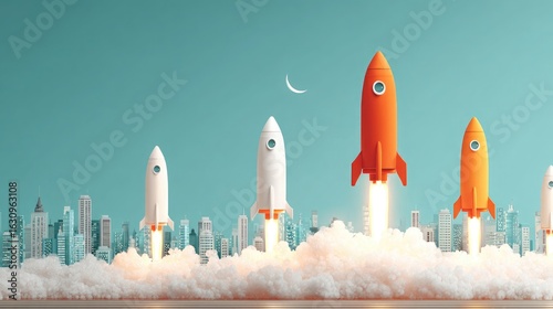 Dynamic rocket launch sequence ignites entrepreneurial spirit against a vibrant city skyline, symbolizing innovation and business growth