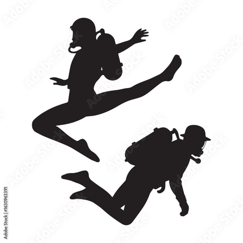 A black and white silhouette illustration depicting two scuba divers in a minimalist underwater scene. 
