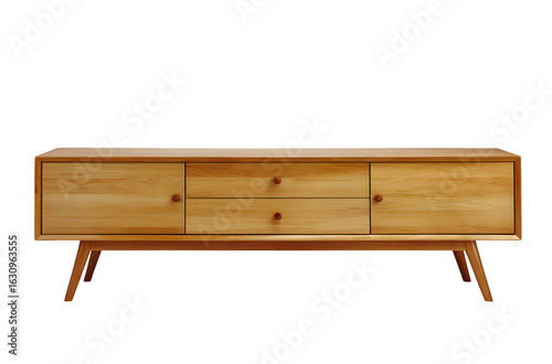 Light brown wooden entertainment center with drawers and doors.