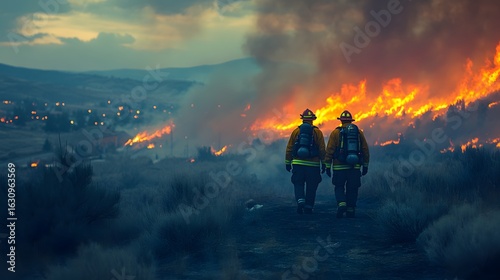 Firefighters silhouetted against a raging wildfire in a dry landscape. Smoke fills the dusky sky. A house glows, illuminated by flames. Disaster Background evident in the scene.