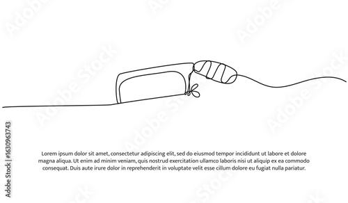Continuous line design of hacksaw. Single line decorative element drawn on white.