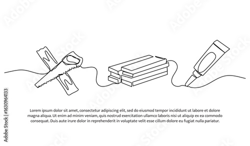 Continuous line design of sawing wooden boards and gluing. Single line decorative element drawn on white.