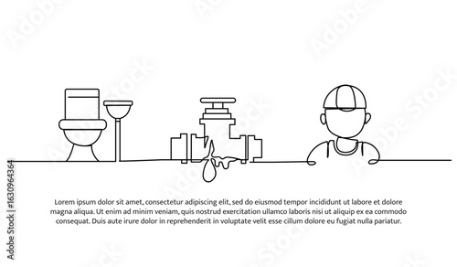 Continuous line design of mechanic repairing pipes in the toilet. Single line decorative element drawn on white.