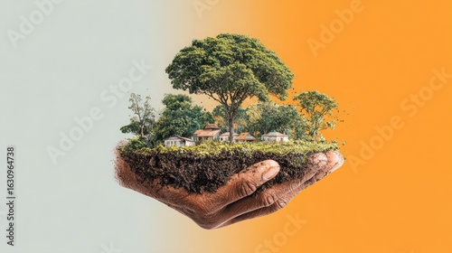 Nurturing a thriving community and lush nature held gently in caring hands, symbolizing growth and responsibility in a vibrant world