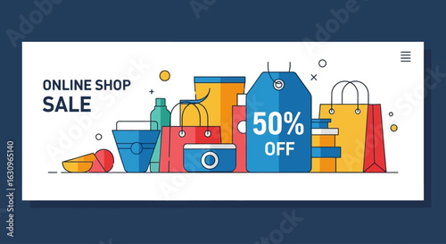 Grab amazing deals online shop sale 50% off with colorful shopping bags and discount tag