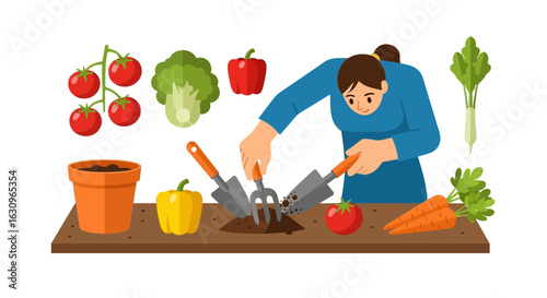 Creative person gardening with fresh vegetables and tools, sowing seeds for a bountiful harvest