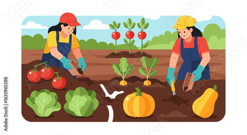 Happy gardeners planting diverse vegetables in fertile soil, cultivating a bountiful harvest of fresh produce