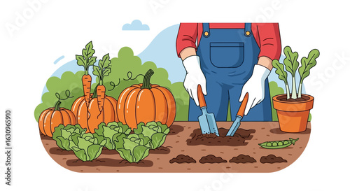 Joyful gardener tending bountiful harvest of pumpkins, carrots, and lettuce in fertile soil
