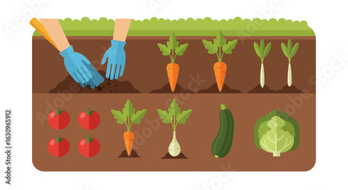 Hands planting vibrant vegetables in fertile garden soil, cultivating fresh produce for healthy living