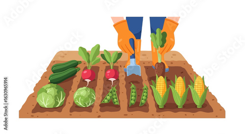 Vibrant garden rows showcase healthy produce being tended by gloved hands planting seedlings.