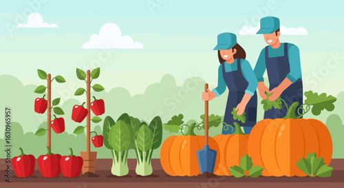 Farmers happily harvesting ripe red peppers and pumpkins in a vibrant sunny garden scene