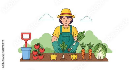 Joyful gardener planting fresh vegetables in sunny garden, celebrating harvest and healthy living