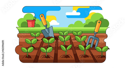 Nurturing young seedlings in fertile soil with gardening tools under a bright sunny sky