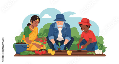 Joyful multi-generational family gardening together, planting vegetables and harvesting fresh produce happily