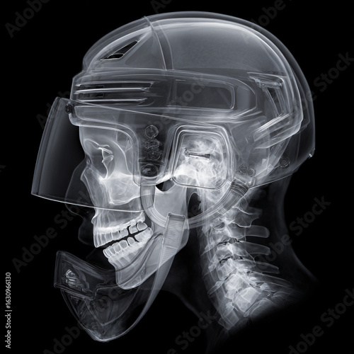 X-ray Helmet Skeleton Hockey Skull Medical Education Sport Anatomy Transparent Bone Health Science Protection Safety Neck Diagnosis Medical Imaging Technology Biomechanics Sporting Gear