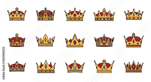 Discover regal elegance with this collection of ornate golden crowns, symbolizing royalty and prestige.