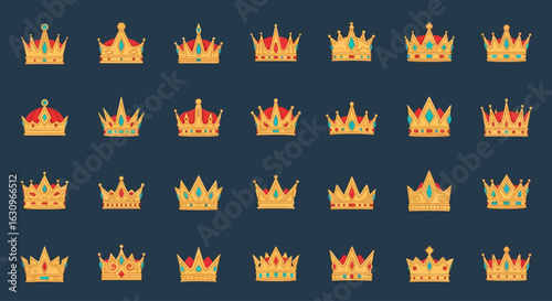 Discover regal elegance with this stunning collection of ornate golden crowns, perfect for royal themes.