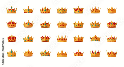 Discover regal elegance with this stunning collection of royal golden crowns adorned with vibrant jewels.